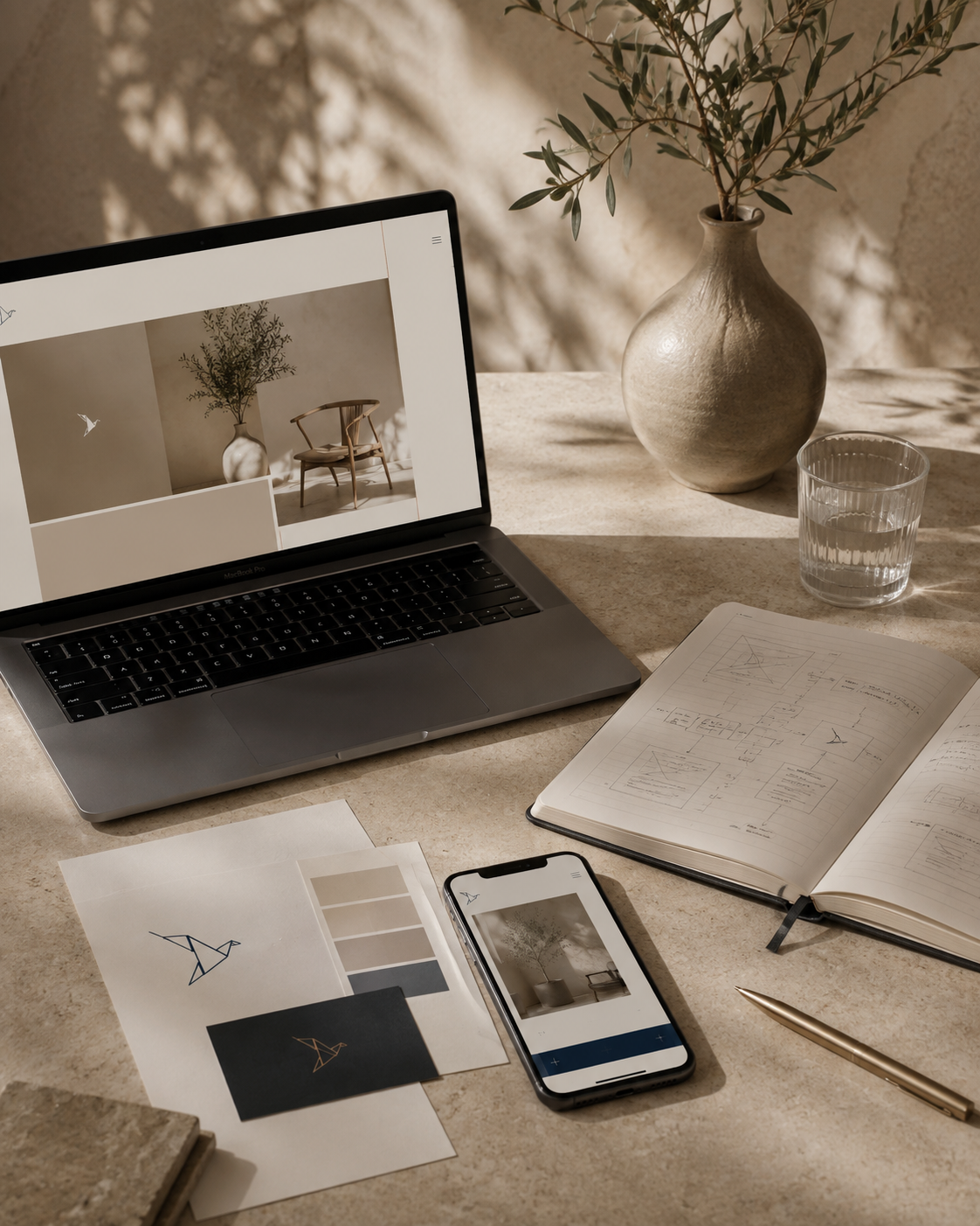 Notebook, papelaria e celular sobre mesa de pedra com a identidade da SOMOS AOI, em luz natural